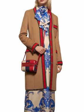 Gucci Camel Beige Wool Long Coat with Green Red Webbing GG Buttons IT 38 XS/S